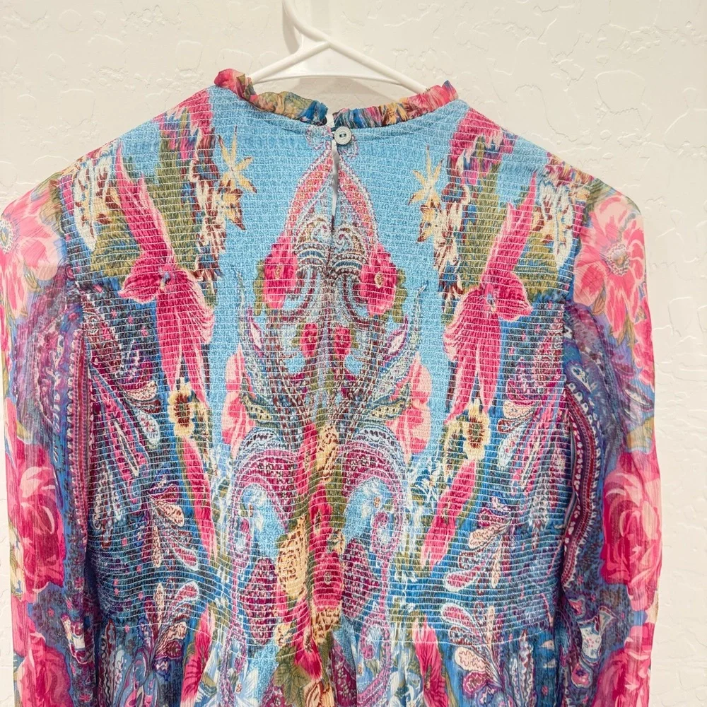 Ritu Kumar Tunic Blouse Womens Small Smocked Floral Paisley Spring Summer Boho - Picture 8 of 9